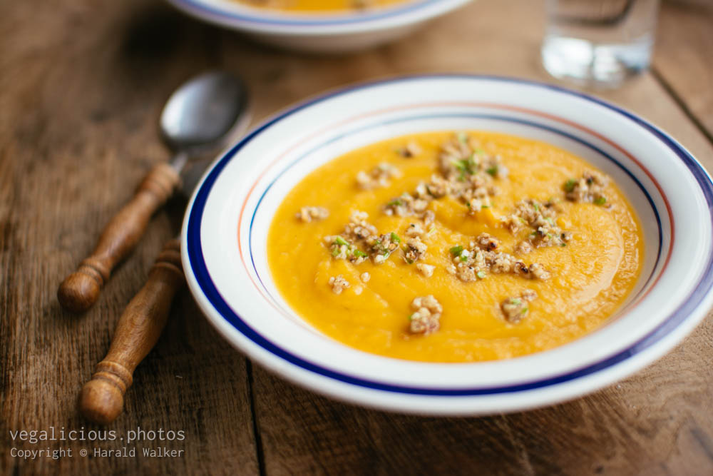 Stock photo of Rutabaga Sweet Potato Soup with Toasted Garlicky Ground Walnuts
