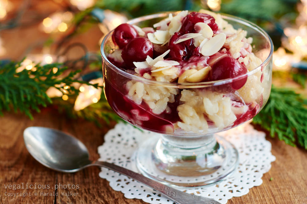 Stock photo of Almond Rice Pudding with Cherry Sauce