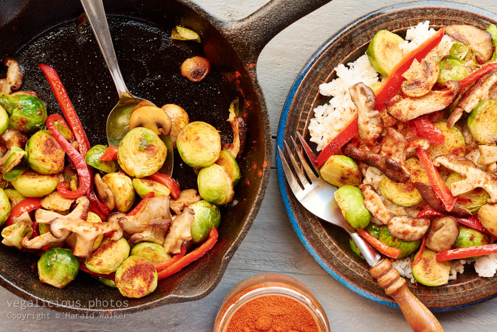 Stock photo of Brussels Sprouts, Mushrooms and Paprikas on Rice