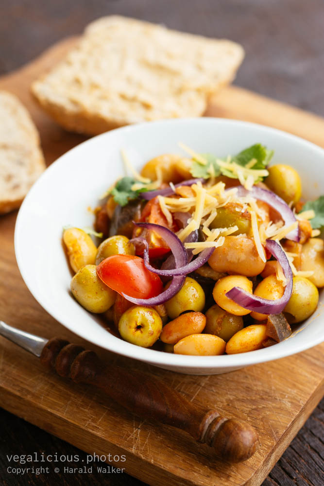 Stock photo of Mixed Bean Bowl with Eggplant and Green Olives