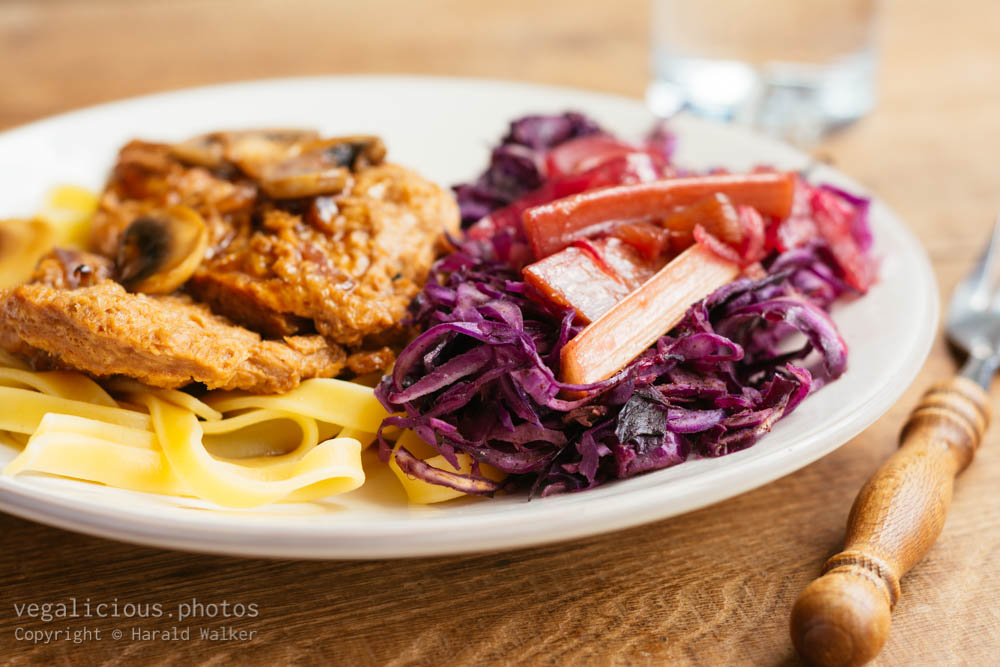 Stock photo of TVP Medallions and Red Cabbage with Rhubarb Sauce