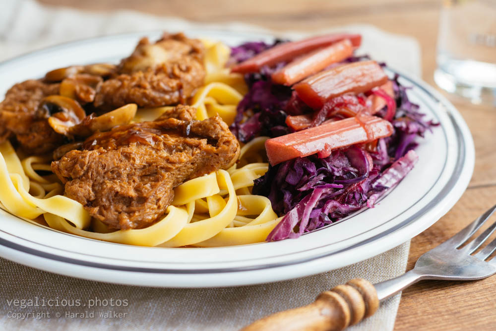 Stock photo of TVP Medallions and Red Cabbage with Rhubarb Sauce