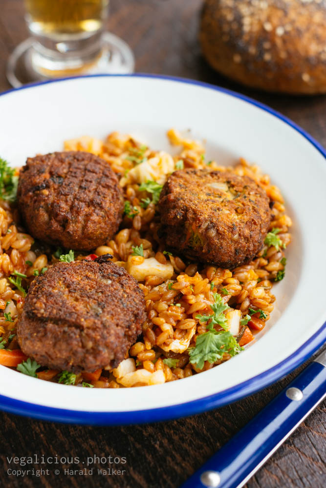 Stock photo of Emmer risotto with Cabbage and Quinoa Patties