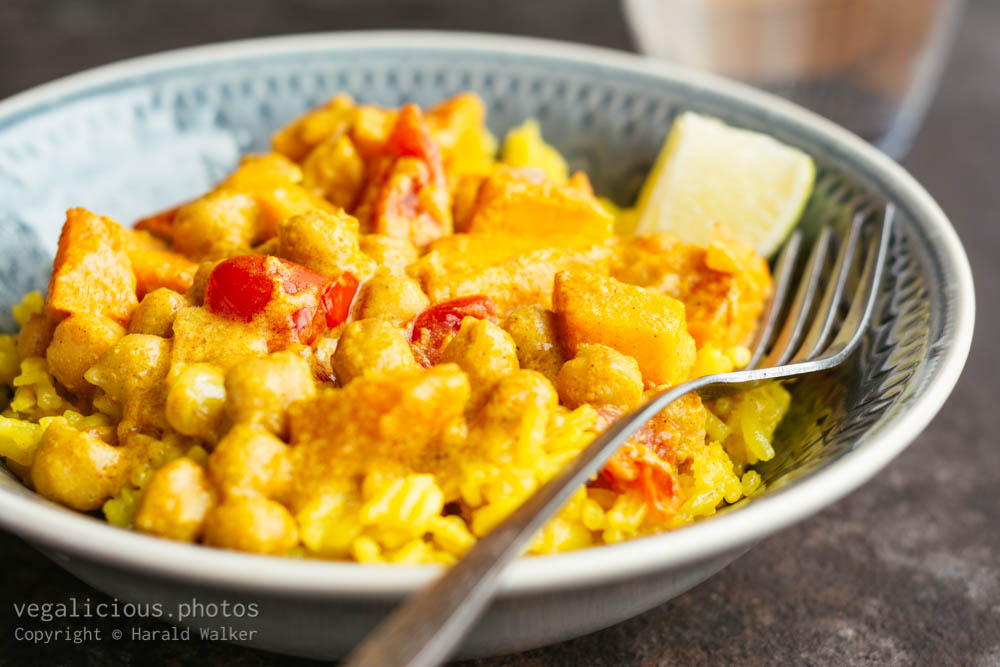Stock photo of Curried Squash and Chickpeas on Turmeric Rice