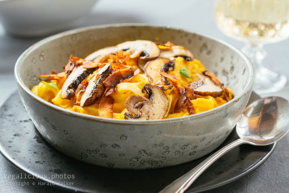 Stock photo of Pumpkin Alfredo with Mushrooms and Coconut Bacon
