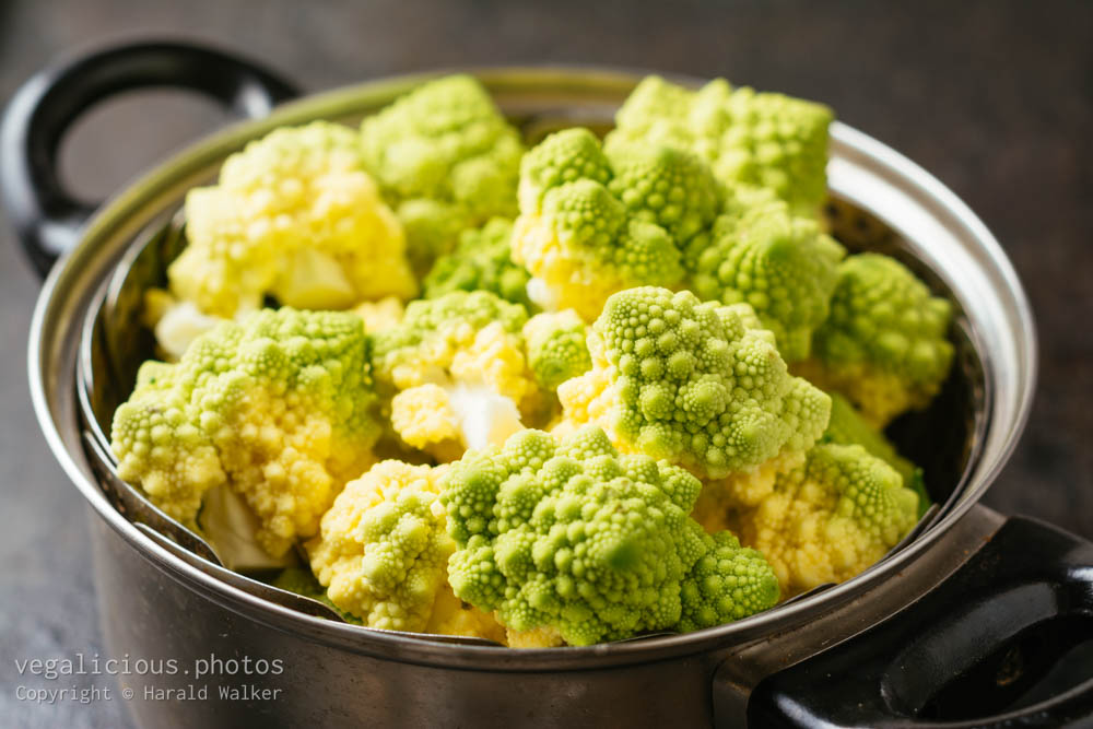 Stock photo of Romanesco in a pot with steamer
