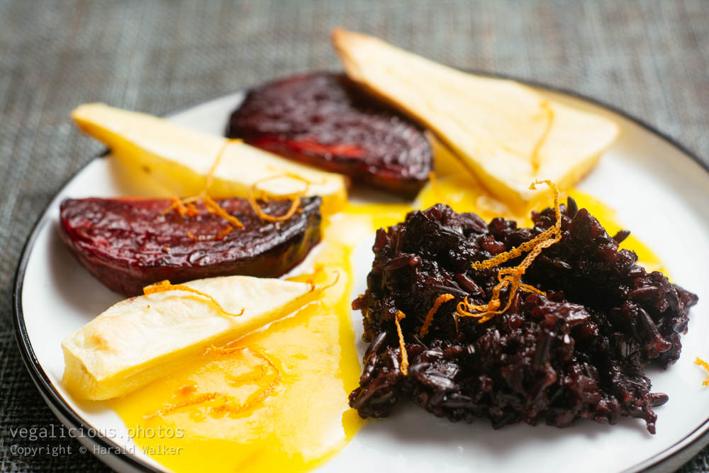 Stock photo of Purple Forbidden Rice with Roasted Parsnips and Beets with Orange Sauce