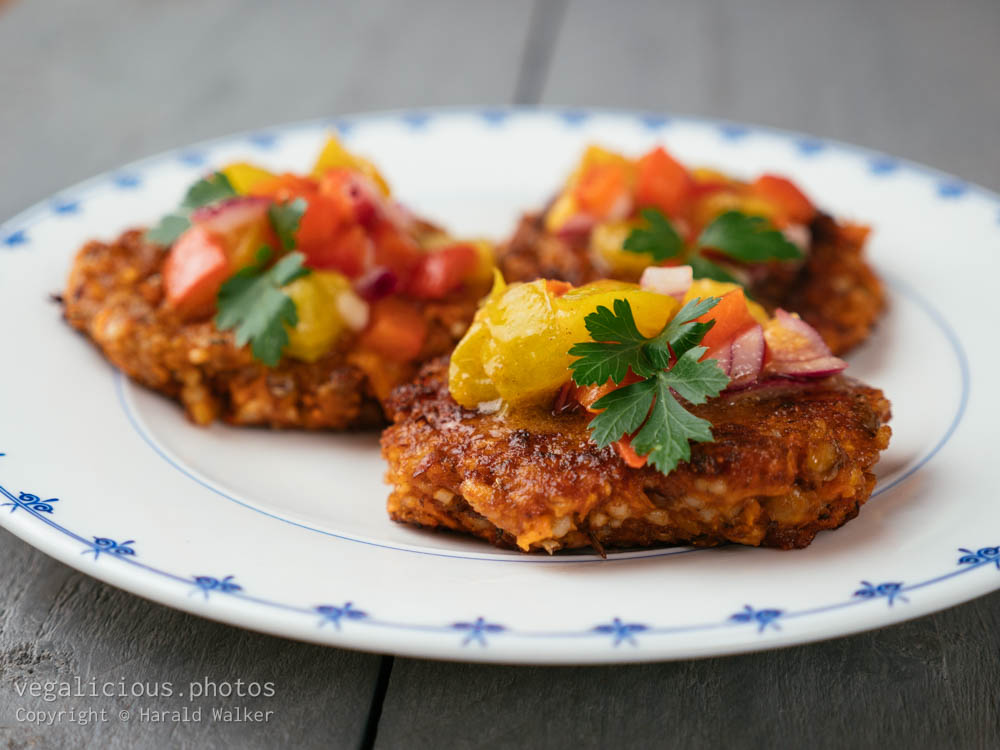 Stock photo of Lentil, Barley Burgers with Spicy Yellow Plum Salsa
