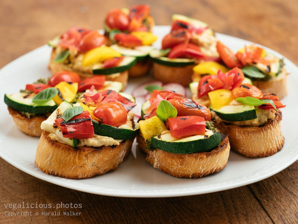 Stock photo of Grilled Veggetable Bruschetta with Hummus and Pesto