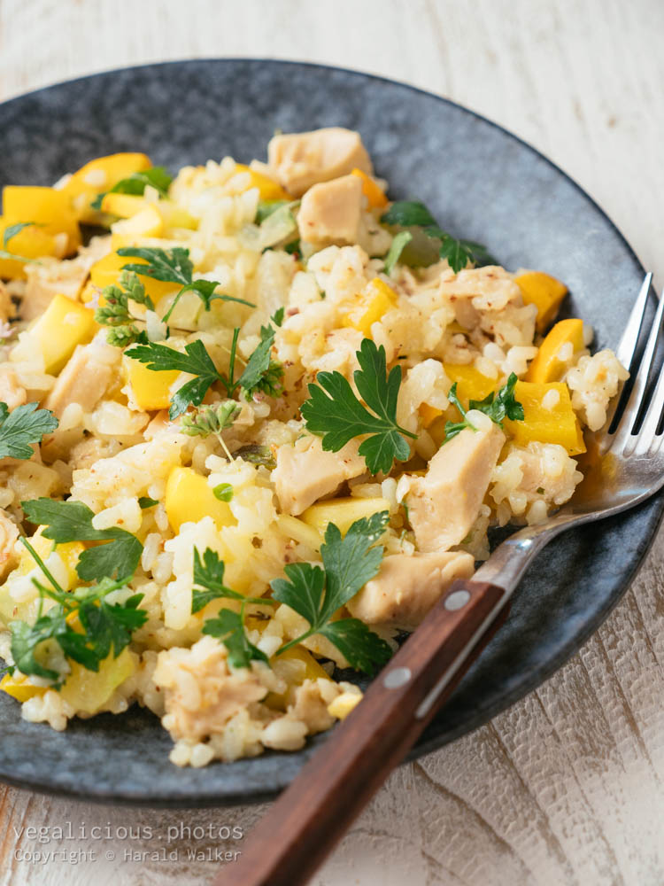 Stock photo of Risotto with “Chickun” Golden Summer Squash and Yellow Bell Pepper