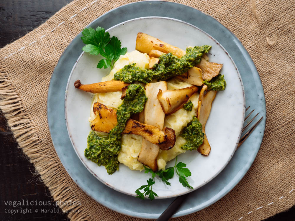 Stock photo of King Oyster Mushrooms with Parsnip, Potato Mash and Coriander Sauce