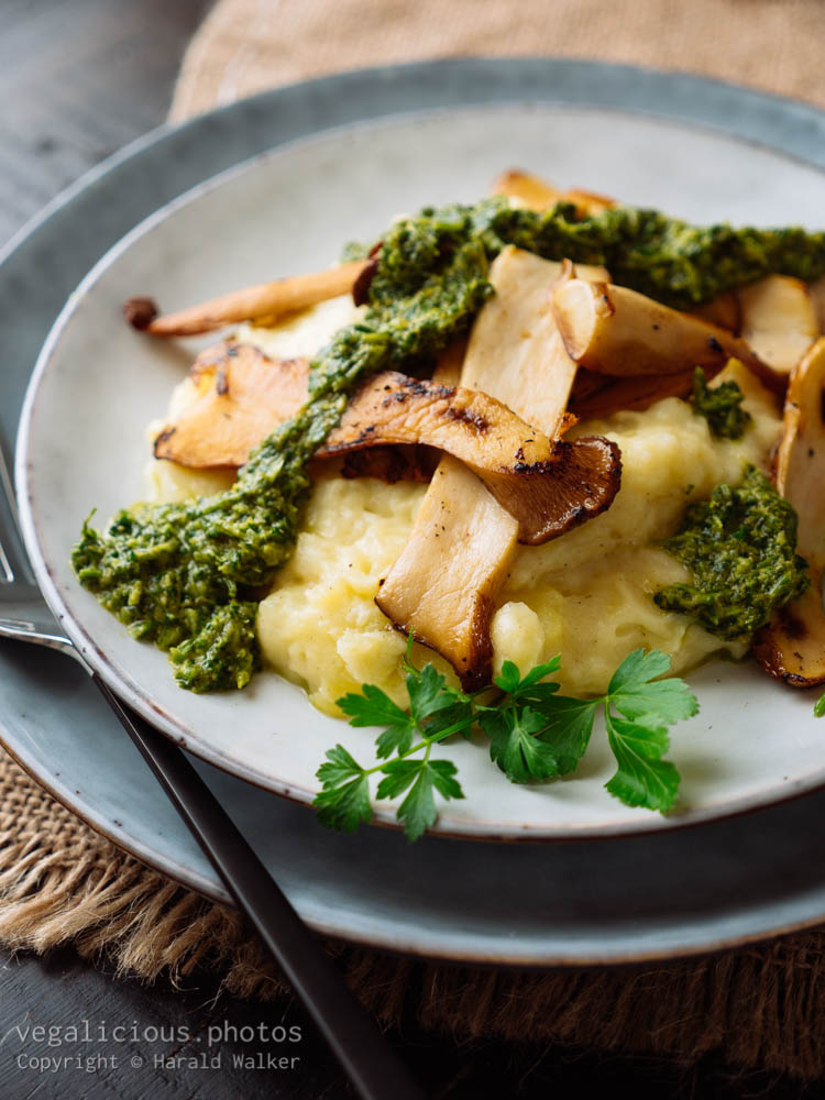 Stock photo of King Oyster Mushrooms with Parsnip, Potato Mash and Coriander Sauce