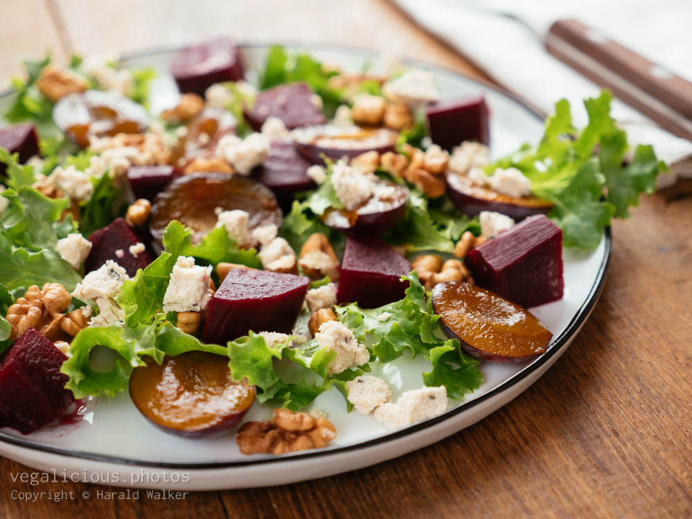 Stock photo of Beet Salad with Plums, Walnuts and Vegan Feta