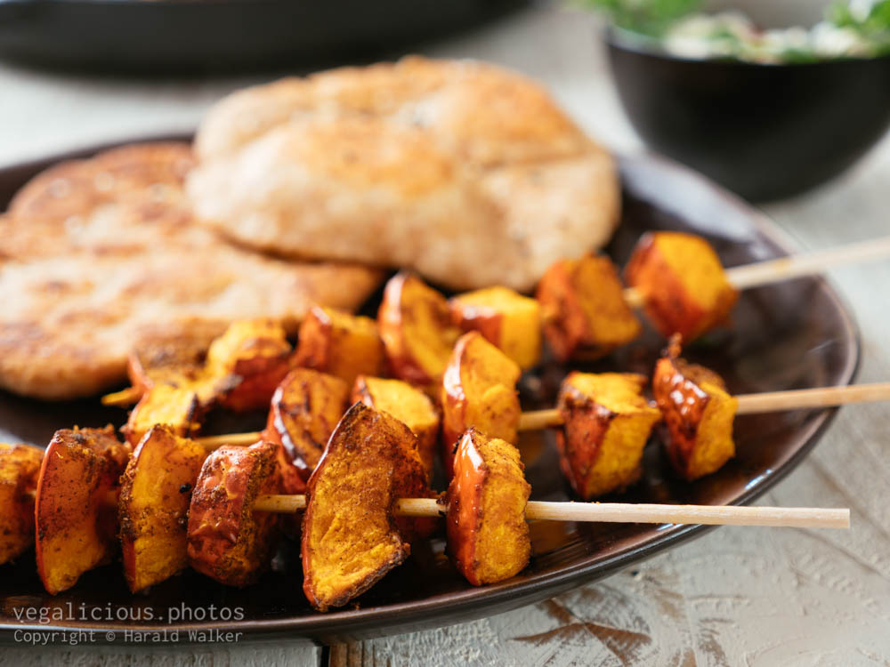 Stock photo of Grilled Winter Squash Kabobs with mint Riata and Flatbreads