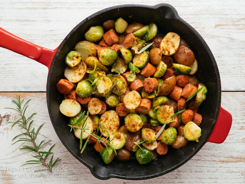 Stock photo of Brussels sprouts with Vegan Sausages and Potatoes