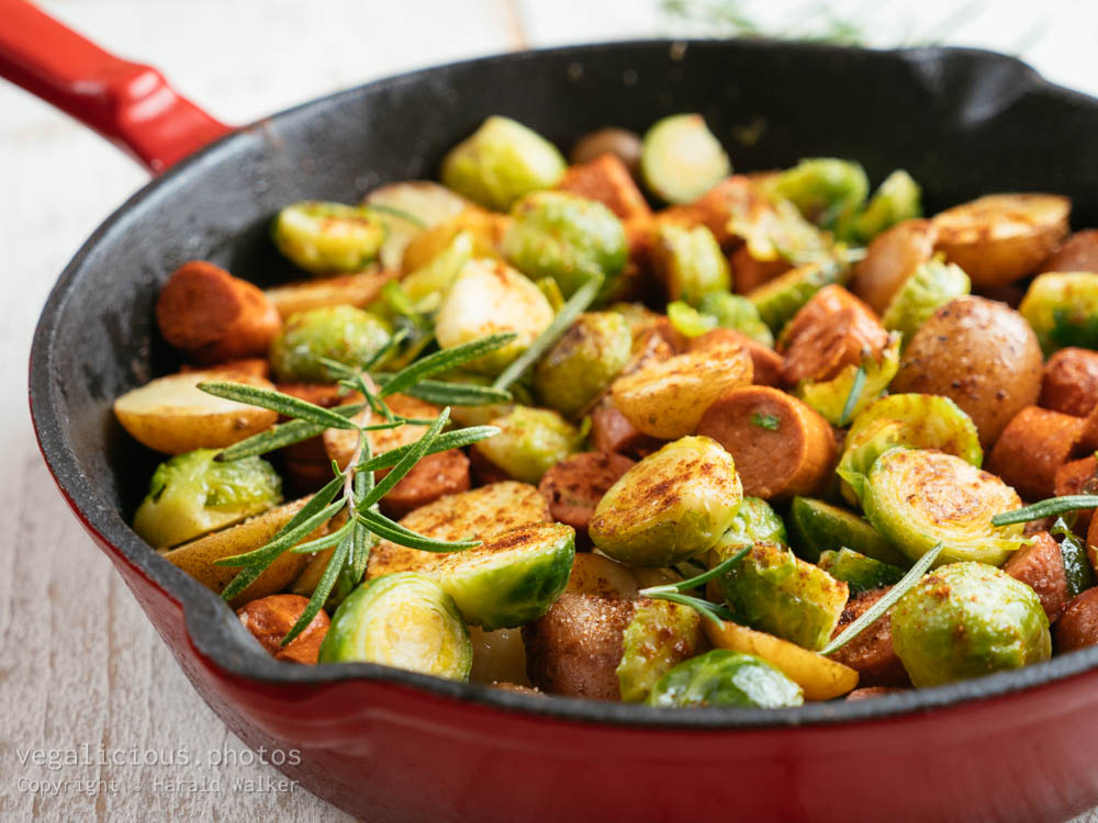Stock photo of Brussels sprouts with Vegan Sausages and Potatoes