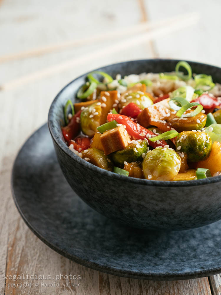 Stock photo of Sweet Sour Brussels Sprouts with Tofu