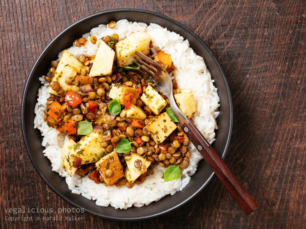 Stock photo of Sweet Sour Lentils with Fresh Pineapple and Smokey Tofu