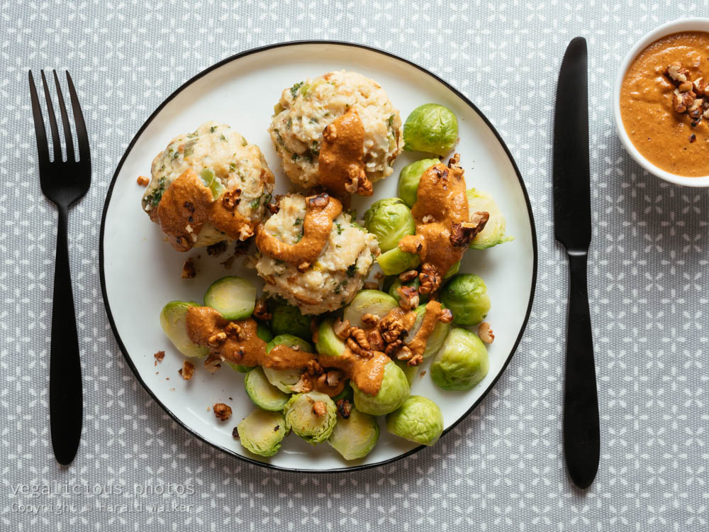 Stock photo of Brussels Sprouts & German Bread Dumplings with Walnut Butter Sauce