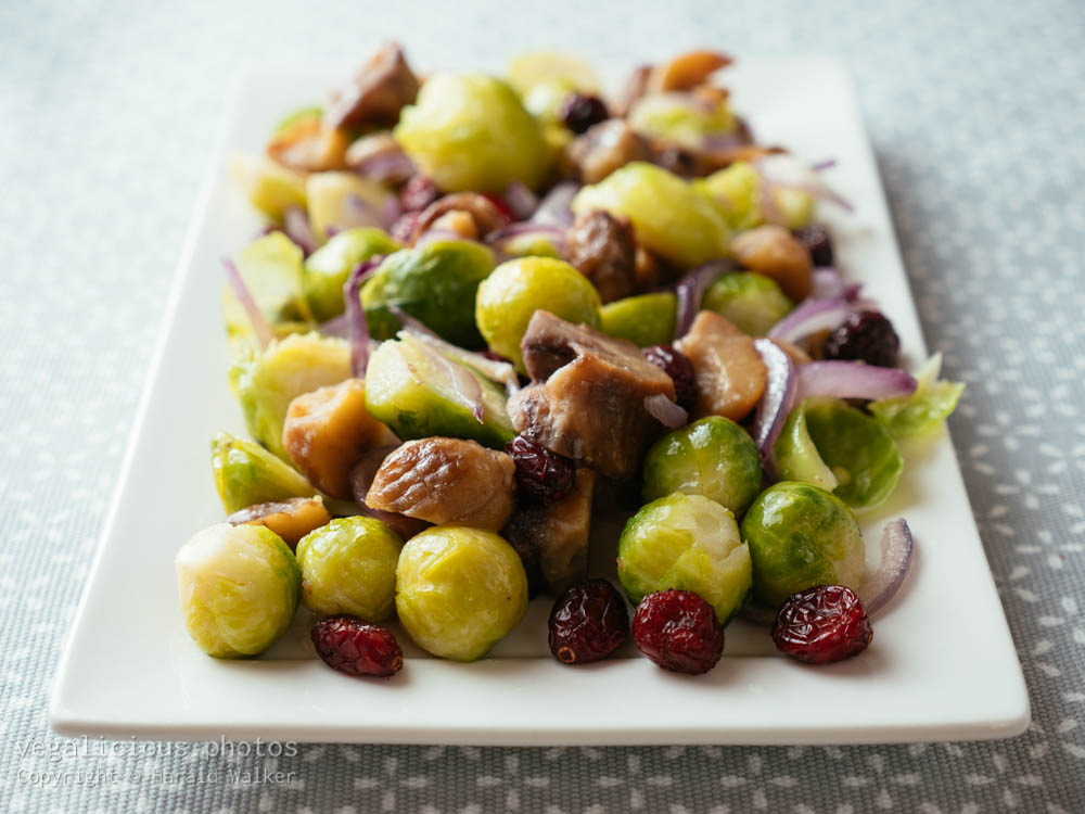 Stock photo of Brussels Spouts with Chestnuts and Dried Cranberries