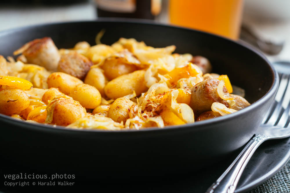 Stock photo of Gnocci Cabbage Meal with Vegan Sausages