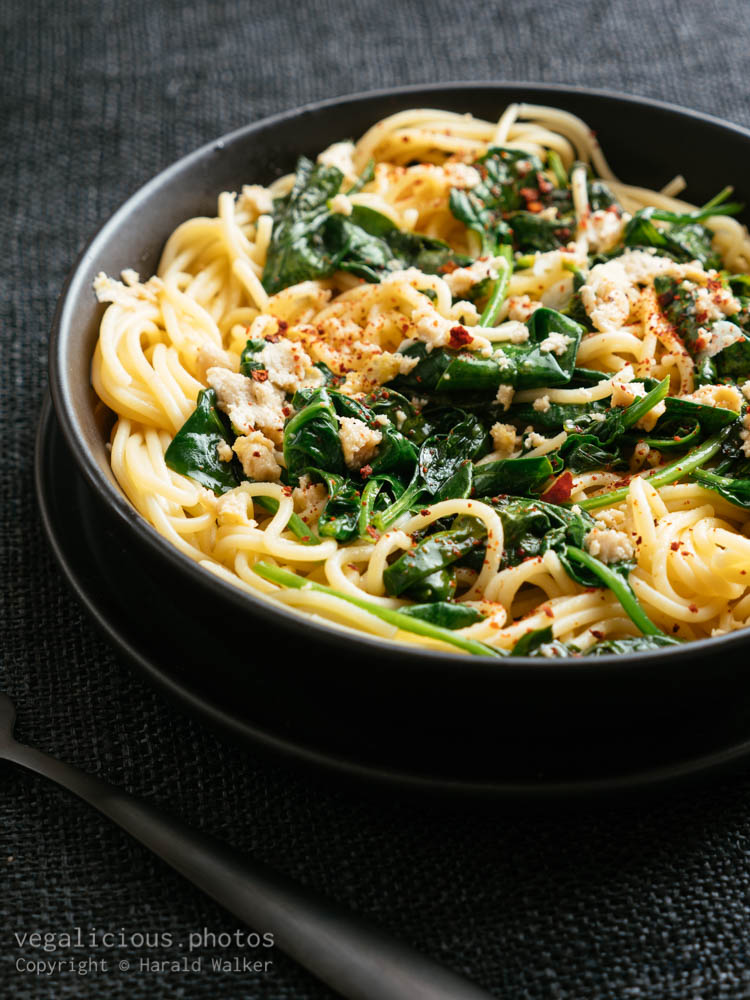 Stock photo of Garlicy Spinach on Spaghetti