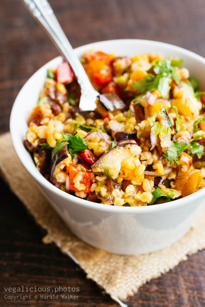 Stock photo of Freekeh Salad with Eggplant, Apricots and Dates
