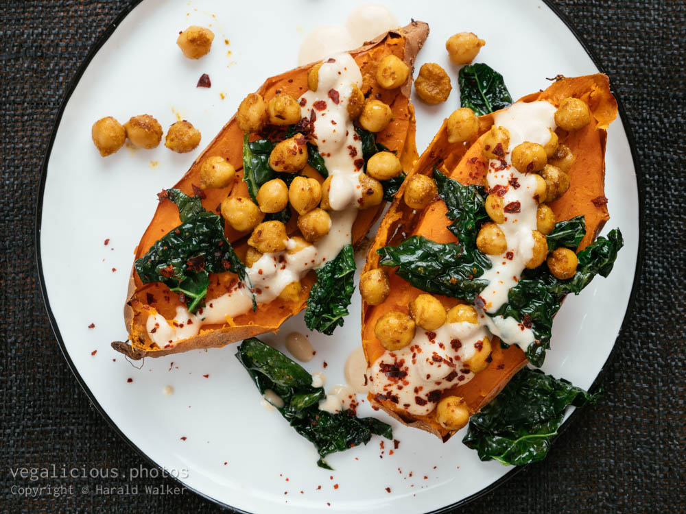 Stock photo of Baked Sweet Potatoes Chickpeas and Kale