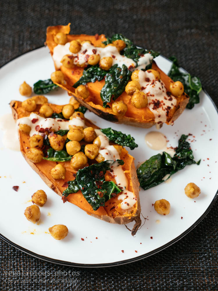 Stock photo of Baked Sweet Potatoes Chickpeas and Kale