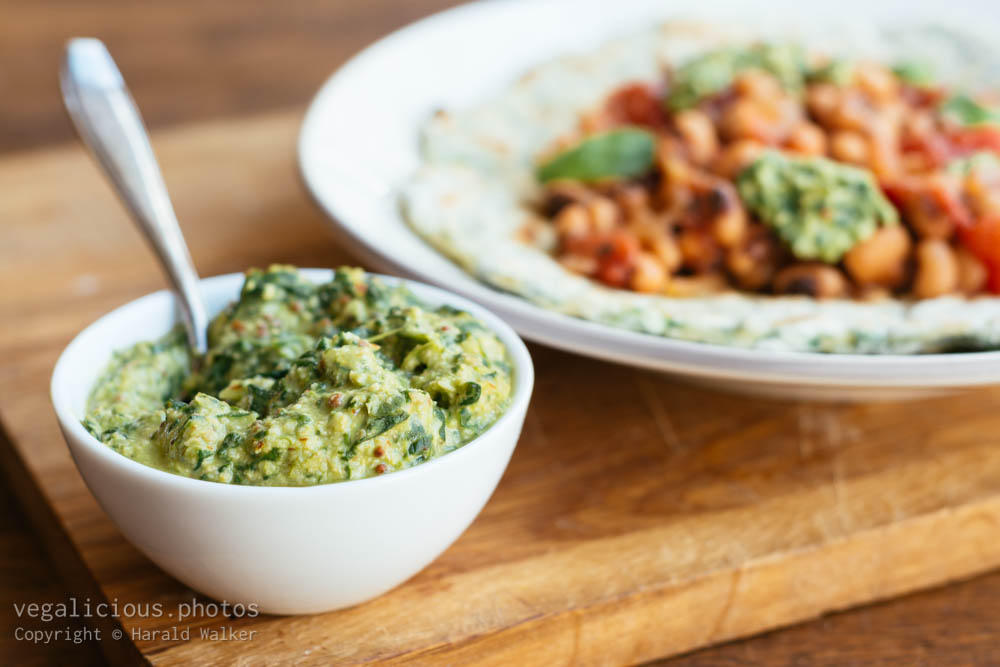 Stock photo of Spinach Flatbreads with Blackeyed-Pea Tomato Topping and Spinach Pesto