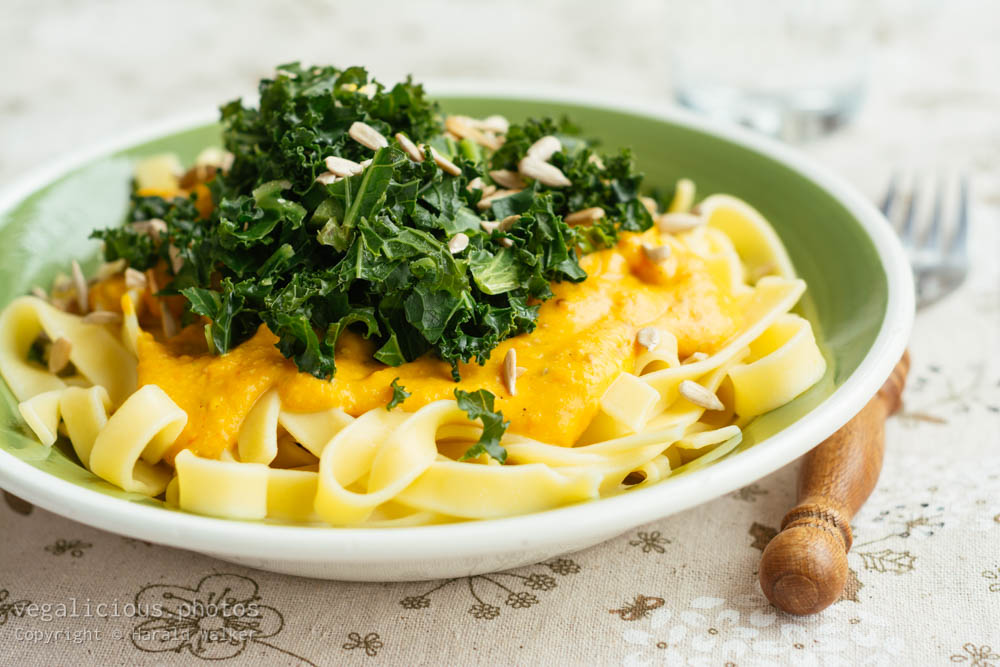 Stock photo of Tagliatelle with Vegan Pumpkin Sauce and Kale