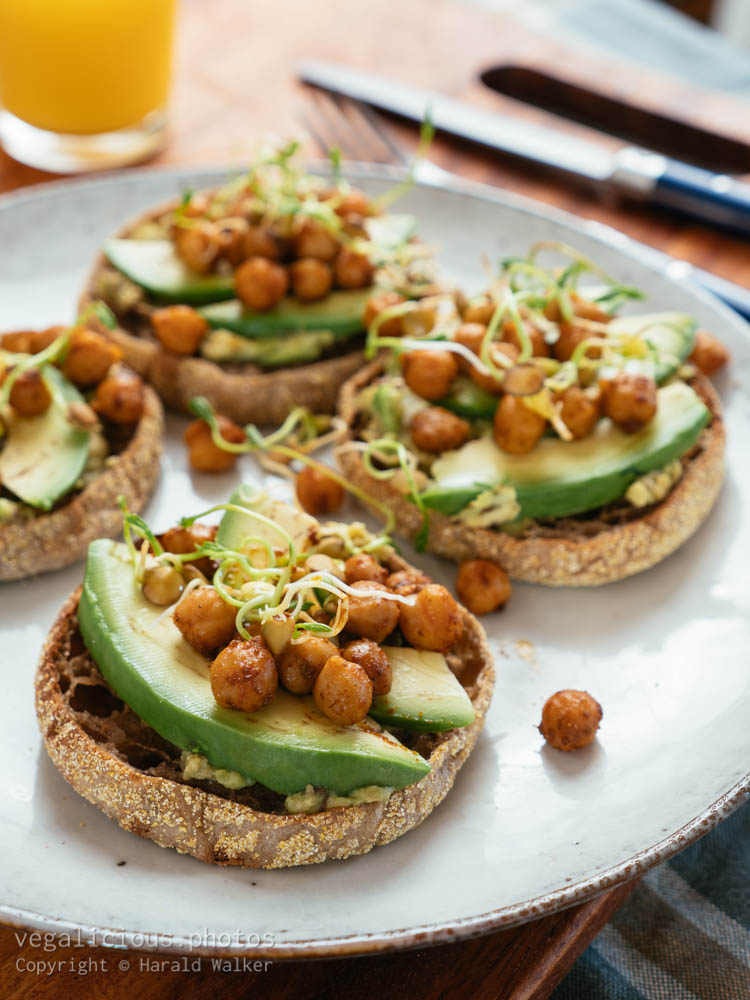 Stock photo of Avocodo on english Muffins with Spicy Chickpeas