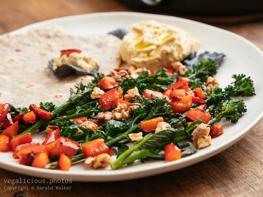 Stock photo of Grilled Sprouting Broccoli with Red Bell Peppers and Walnuts