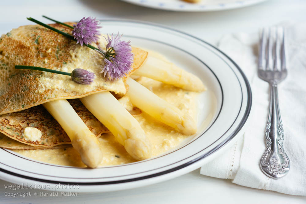 Stock photo of Herbed Crepes with Asparagus and Vegan Hollandaise Sauce