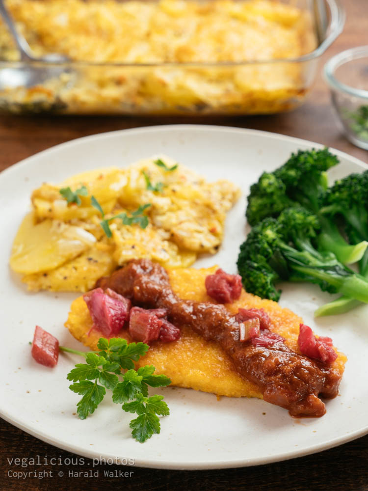 Stock photo of Vegan Schnitzels with Rhubarb Tomato Sauce and Potato gratin
