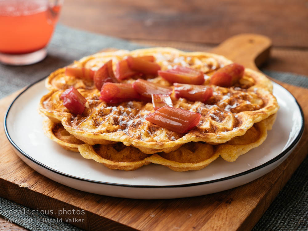 Stock photo of Polenta Waffles with Gingered Rhubarb Sauce