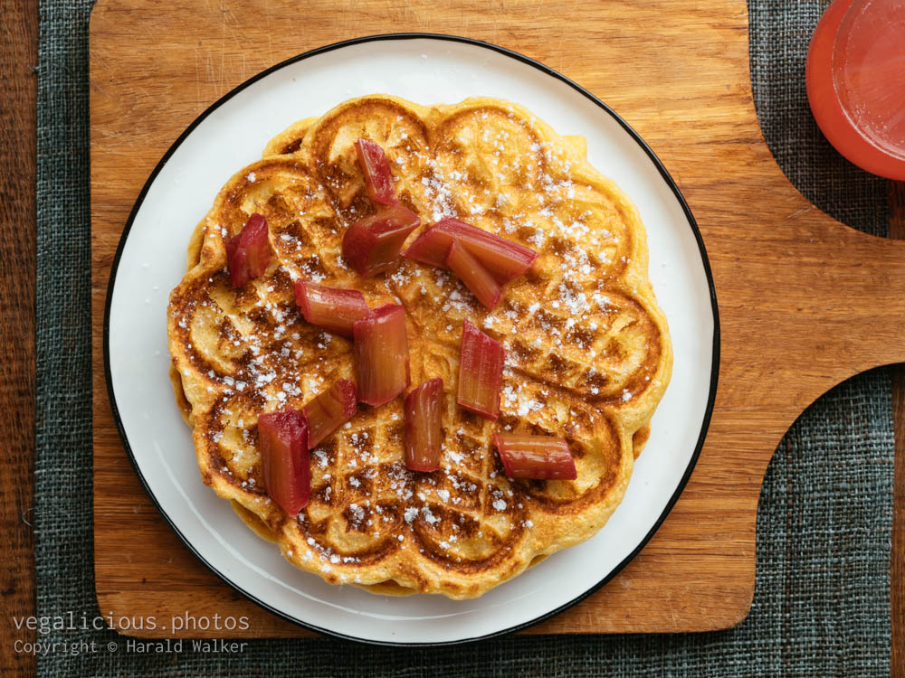 Stock photo of Polenta Waffles with Gingered Rhubarb Sauce