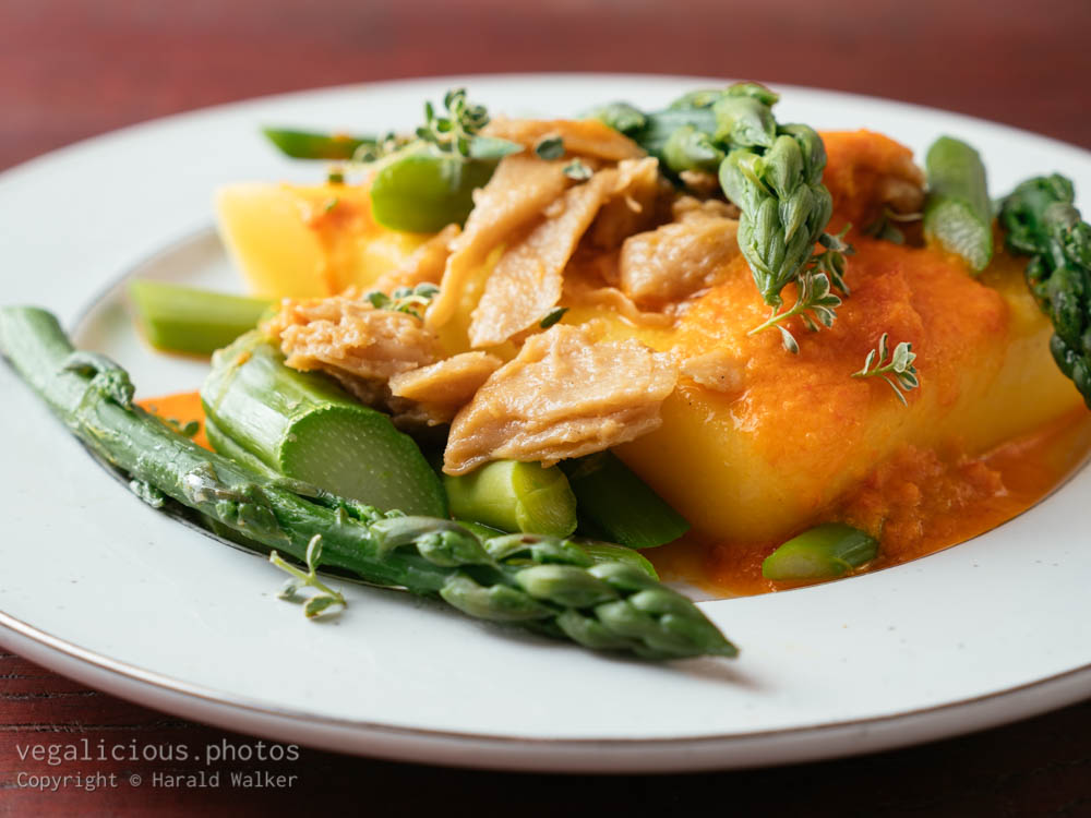 Stock photo of Polenta with Asparagus, Vegan Chickun and a Creamy Bell Pepper Sauce