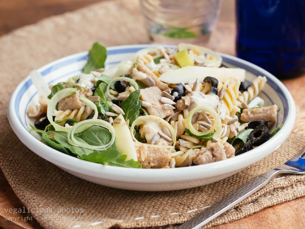 Stock photo of Spiral Pasta with Vegan Chickun Pieces and Pears