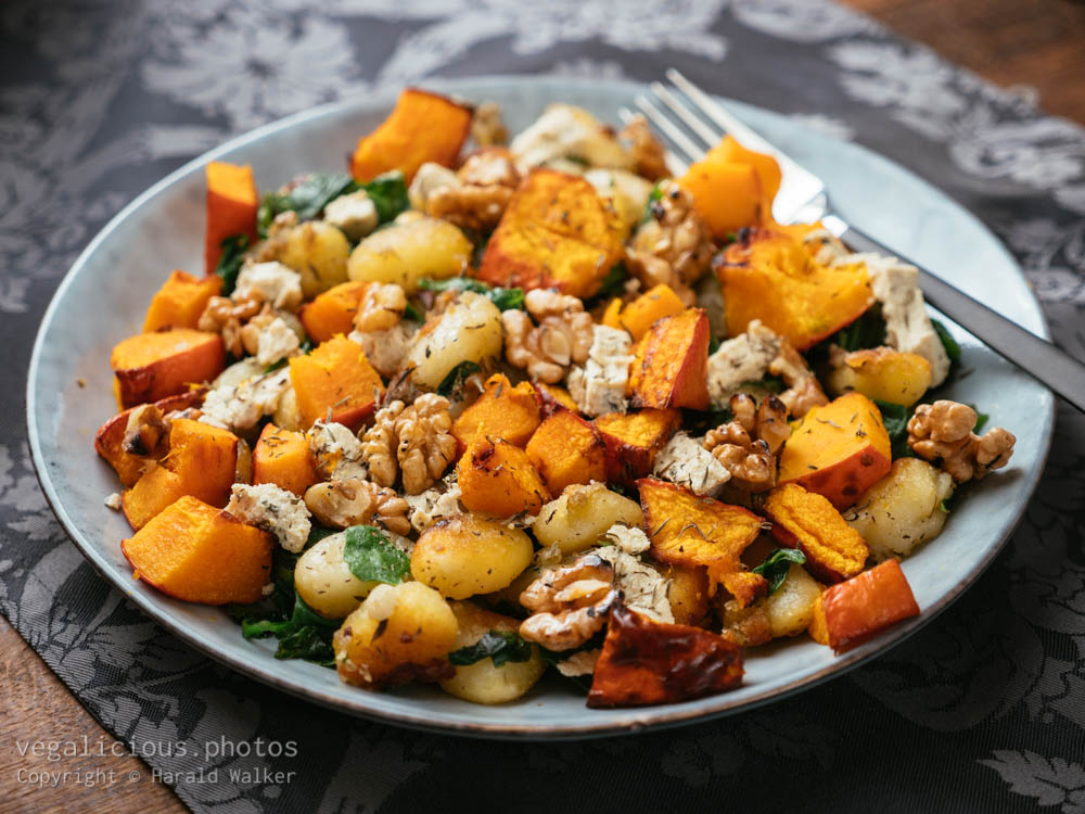 Stock photo of Gnocchi with Roasted winter Squash, Spinach and Walnuts