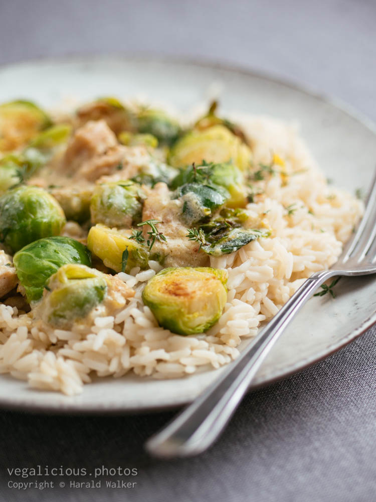 Stock photo of Vegan Chickun And Brussels Sprouts Alfredo