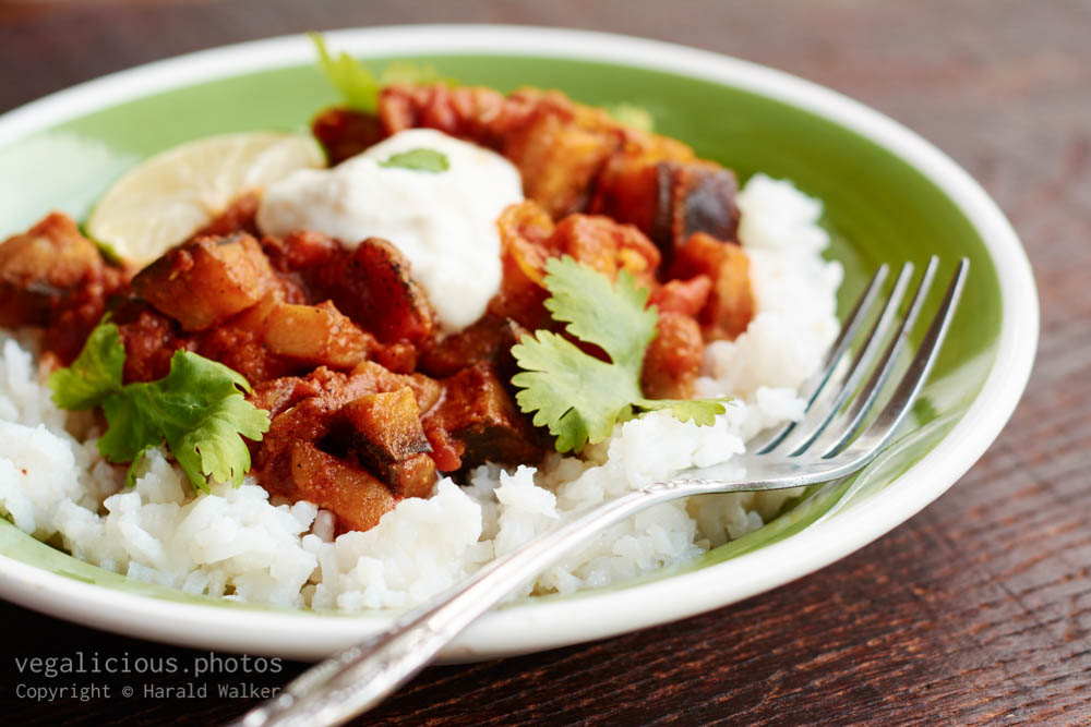 Stock photo of Tandoori Curried Eggplant and Tomatoes on Rice