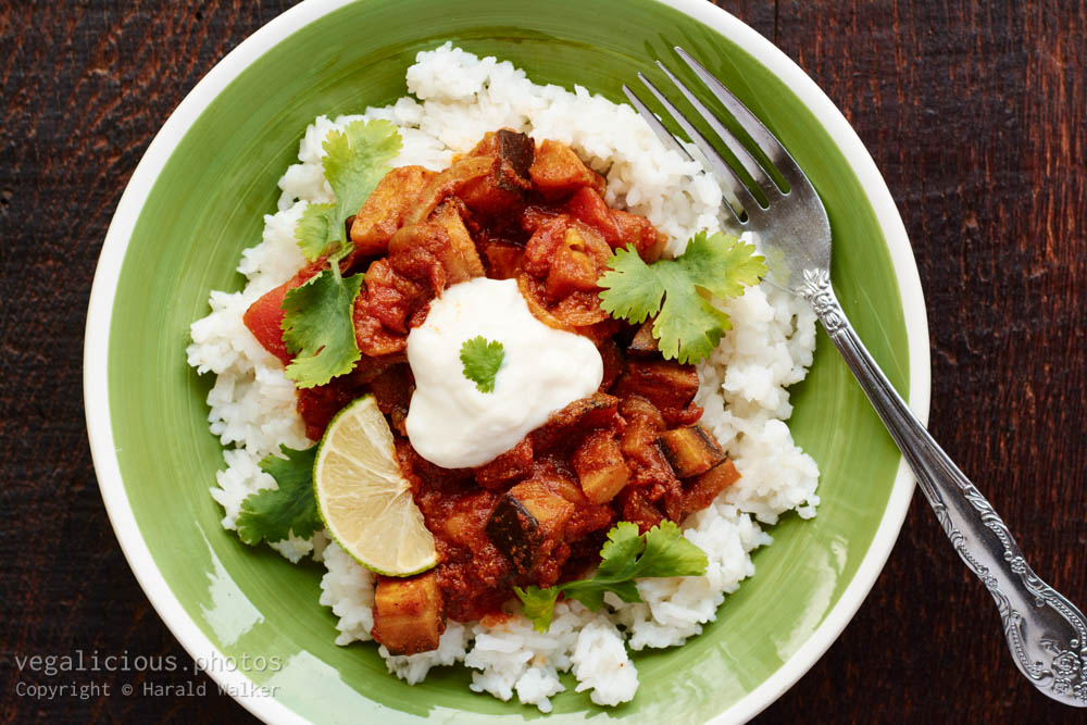 Stock photo of Tandoori Curried Eggplant and Tomatoes on Rice
