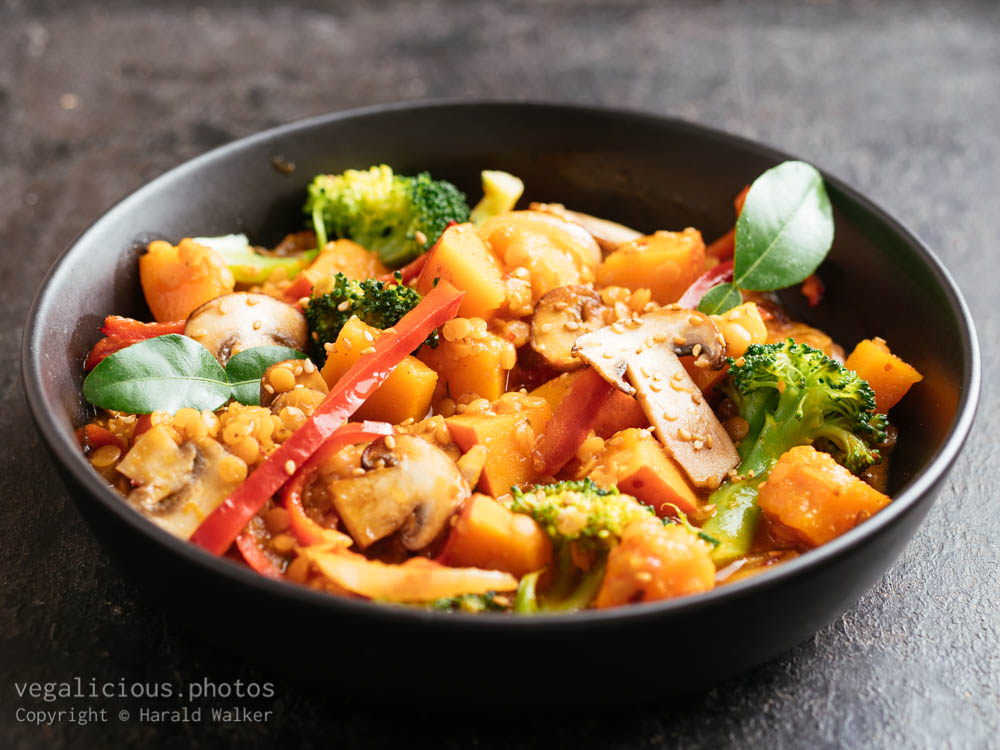 Stock photo of Thai Red Curry with Winter Squash, Broccoli and Mushrooms