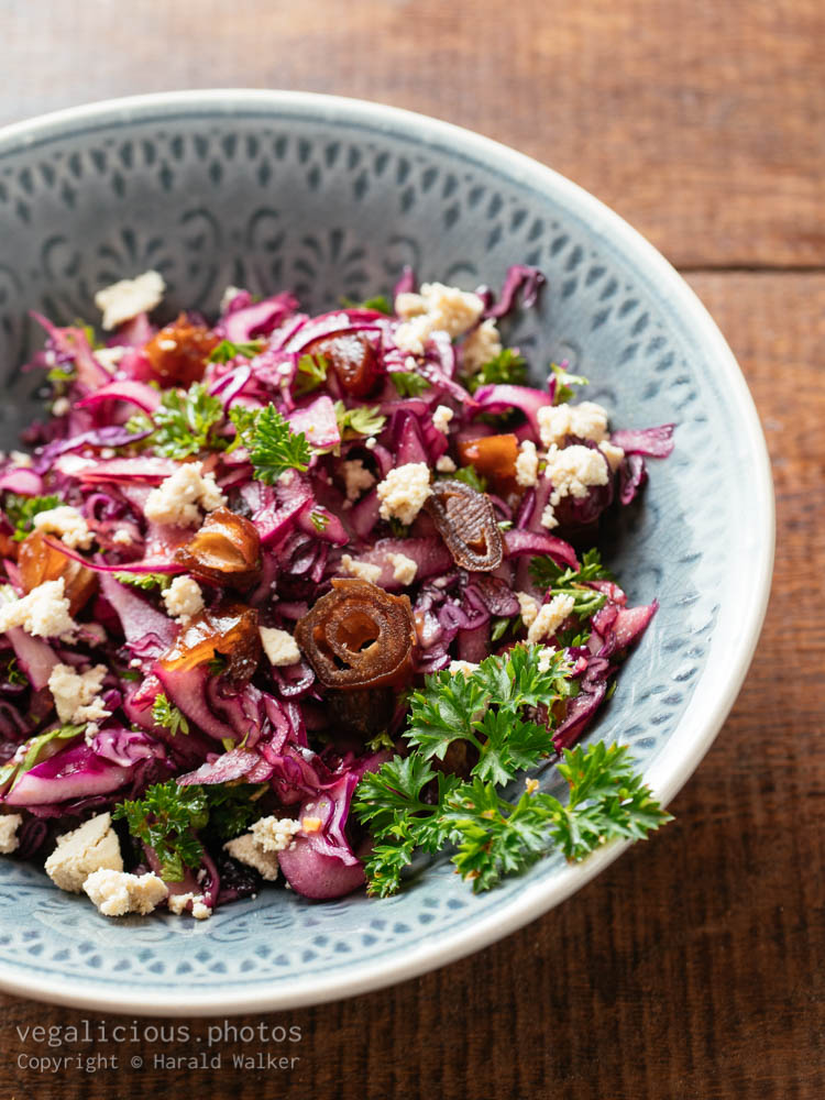 Stock photo of Red Cabbage Slaw with Dates and Vegan feta