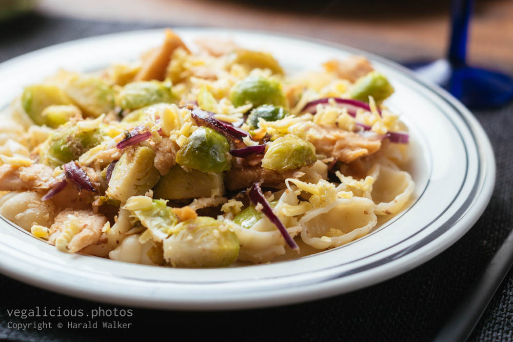 Stock photo of Pasta Shells with Brussels Sprouts and Vegan Chickun
