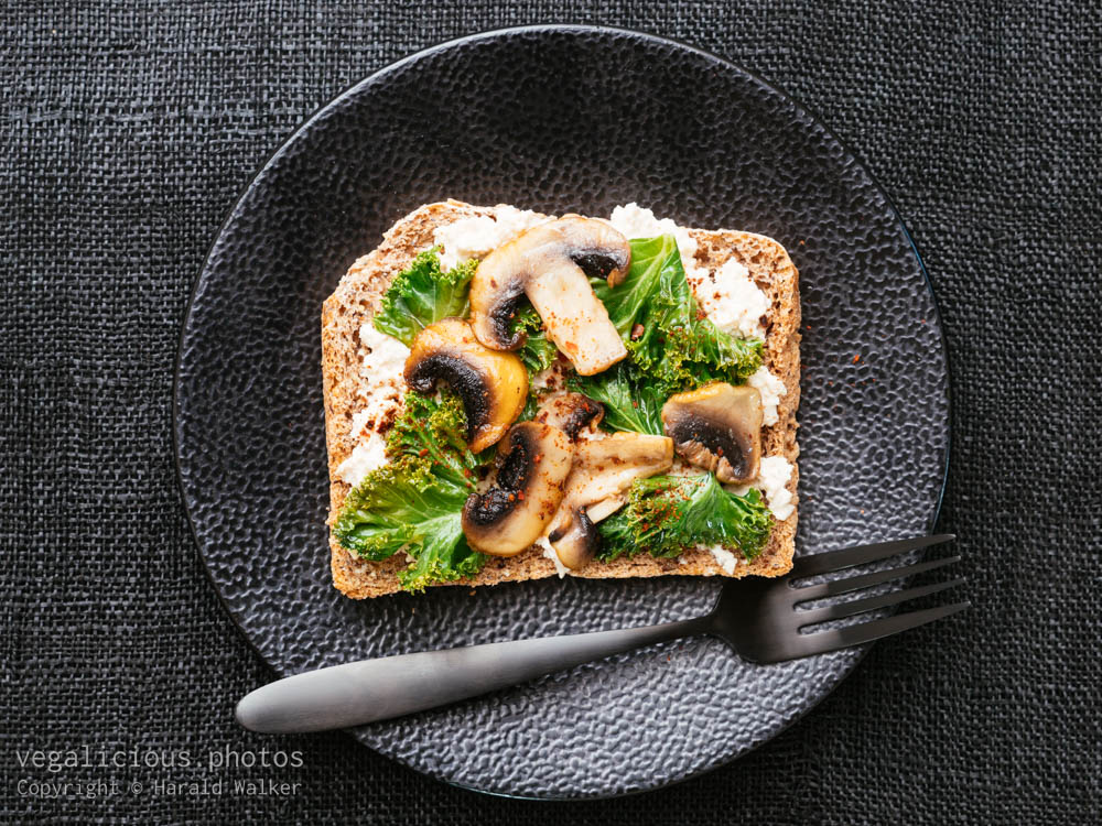 Stock photo of Vegan Ricotta, Mushrooms and Kale on Toast