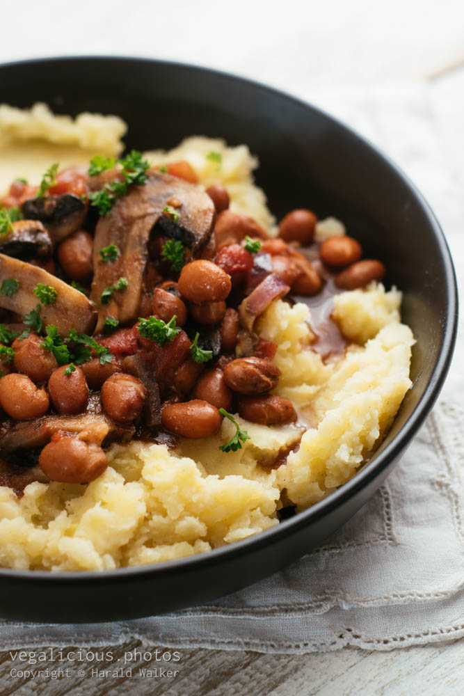 Stock photo of Mushroom and Bean Ragu on Mashed Potatoes