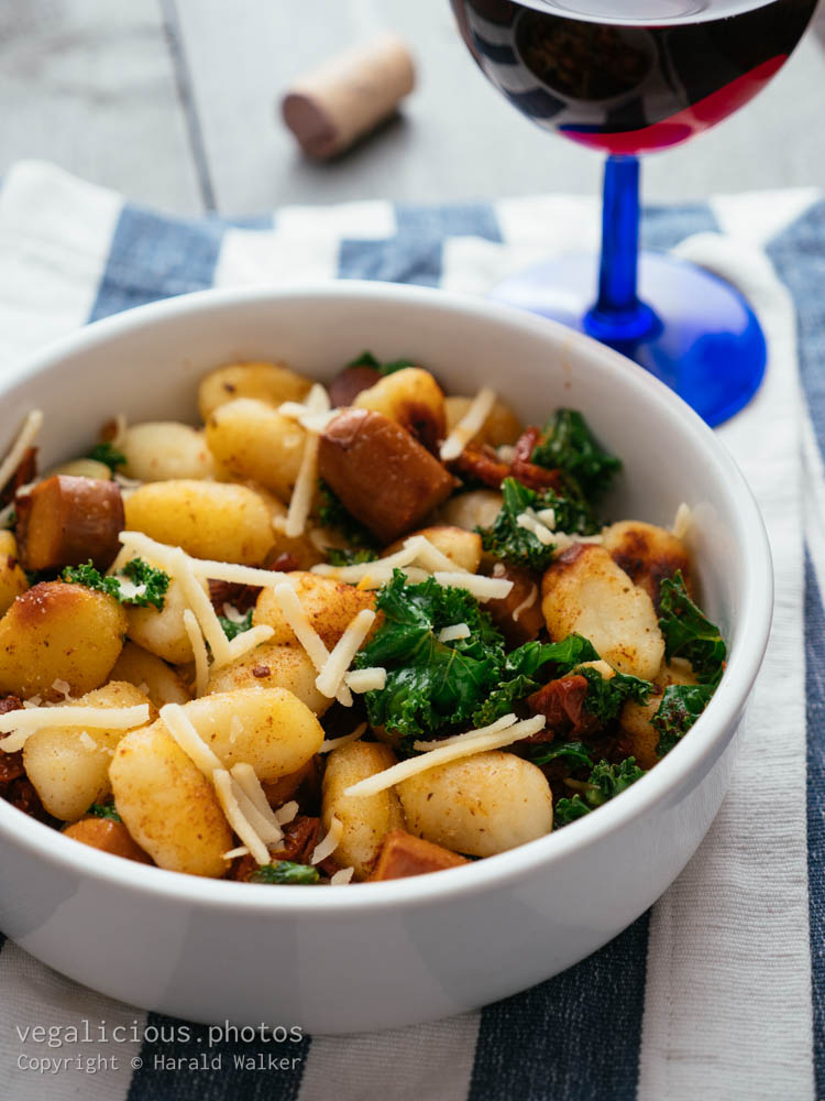 Stock photo of Gnocchi with Vegan Sausage, Kale and Sun-dried Tomatoes