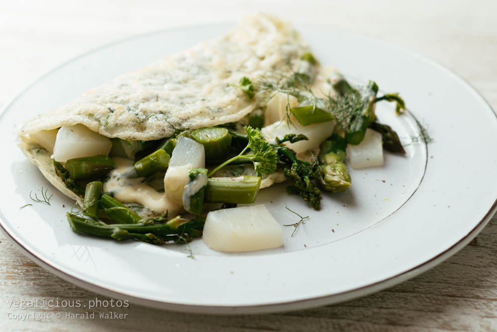 Stock photo of Vegan Herbed Crepes with Spring Turnips and Asparagus